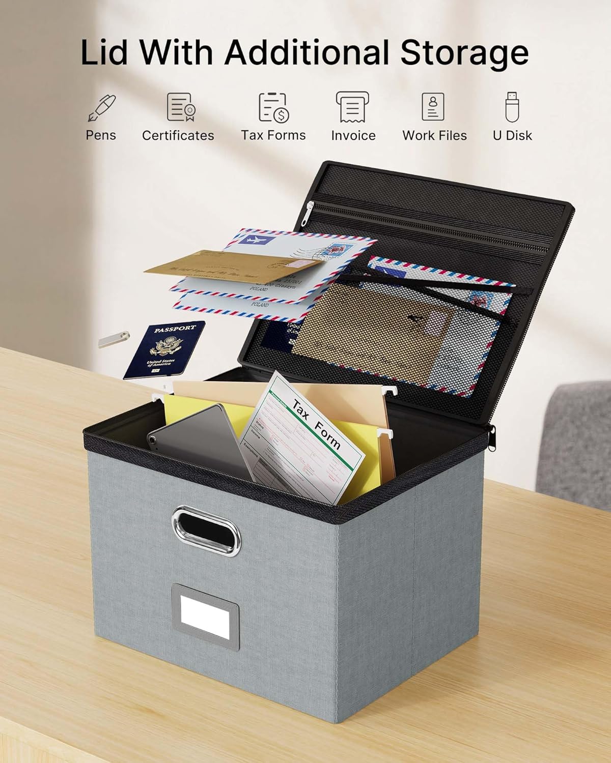 Oterri 2 Pack File Organizer Boxes with Lids, File Box with Mesh Pockets, Document Organizer Box for File Folders Letter Size, Zippers Filing Box for Home, Office, School (Green, Without Folders)