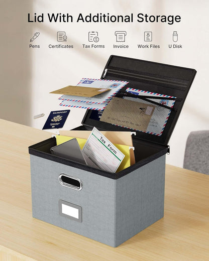 Oterri 2 Pack File Organizer Boxes with Lids, File Box with Mesh Pockets, Document Organizer Box for File Folders Letter Size, Zippers Filing Box for Home, Office, School (Green, Without Folders)