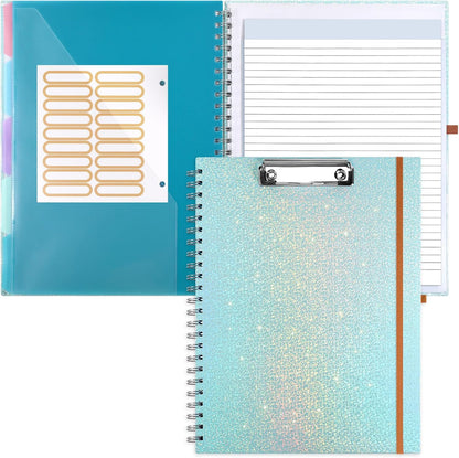 Glitter Clipboard Notebook with Storage for Letter Size, 8.5 x 11 Notepad Holder with 5 Folders and Dividers, Size 12.8X 9.7 in, Spiral Portfolio for Nursing Teacher School Supplies,.Teal
