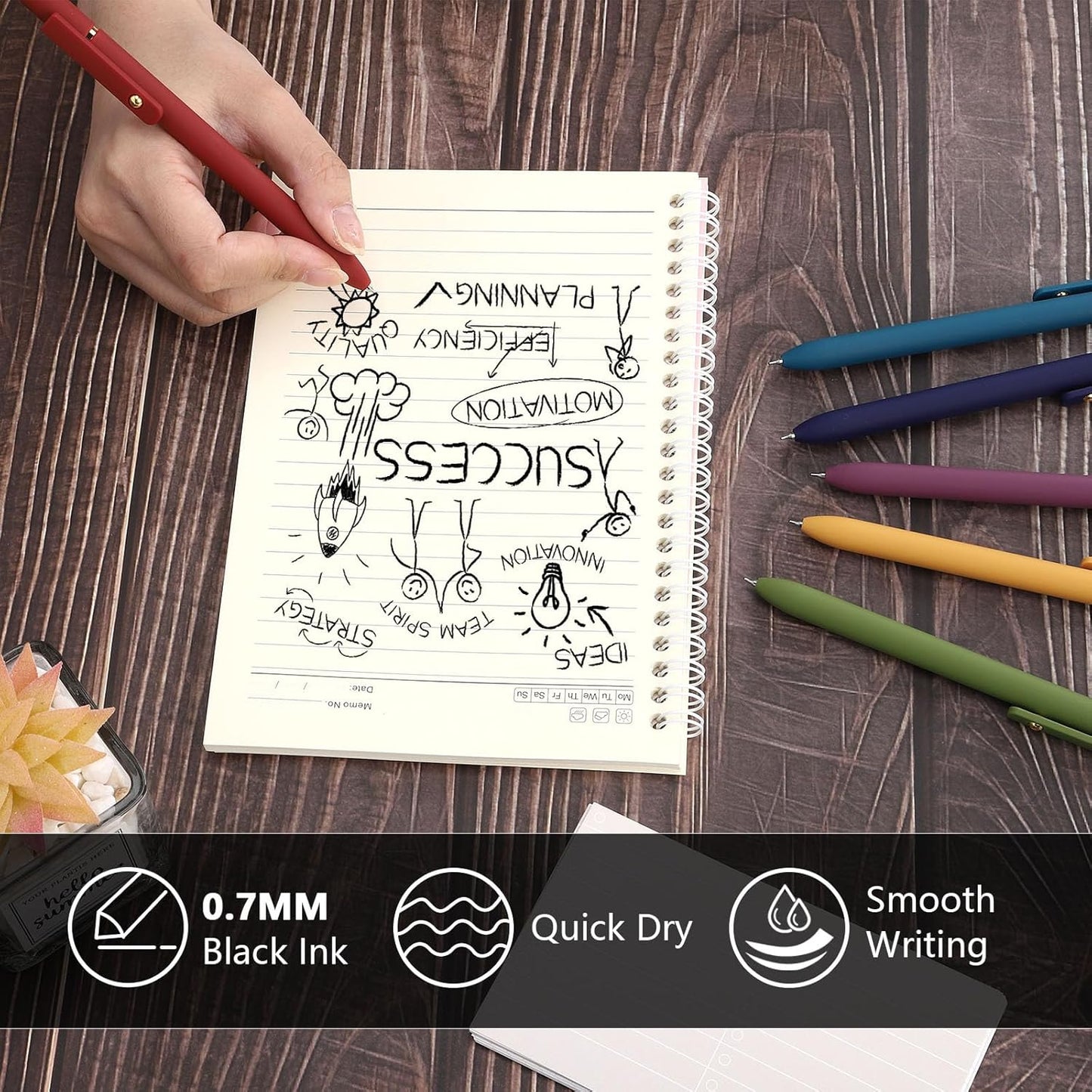 FIOVER 5pcs Gel Pens Quick Dry Ink Pens Fine Point Premium Retractable Rolling Ball Gel Pens Black Ink Smooth Writing for School Office Home