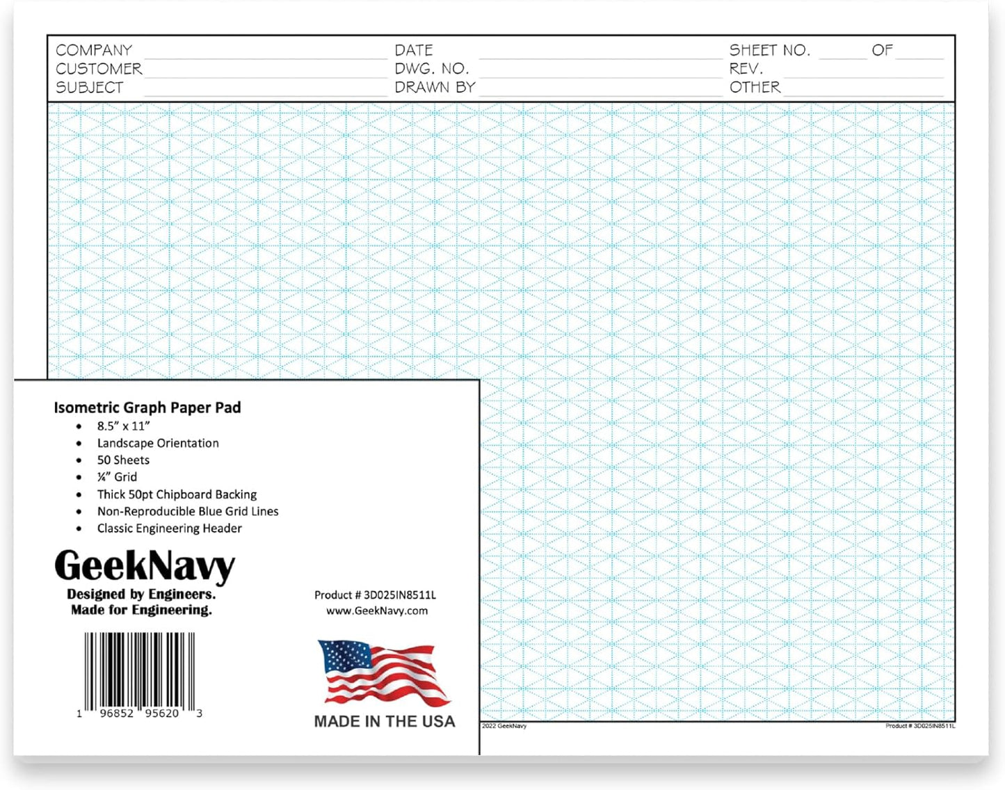 GeekNavy 8.5" x 11" Isometric Graph Paper 50 Sheets Portrait - 0.25" Grid, Non-photo Blue, High Brightness, Drafting, Engineering, Art, 3D Design (1-Pack)