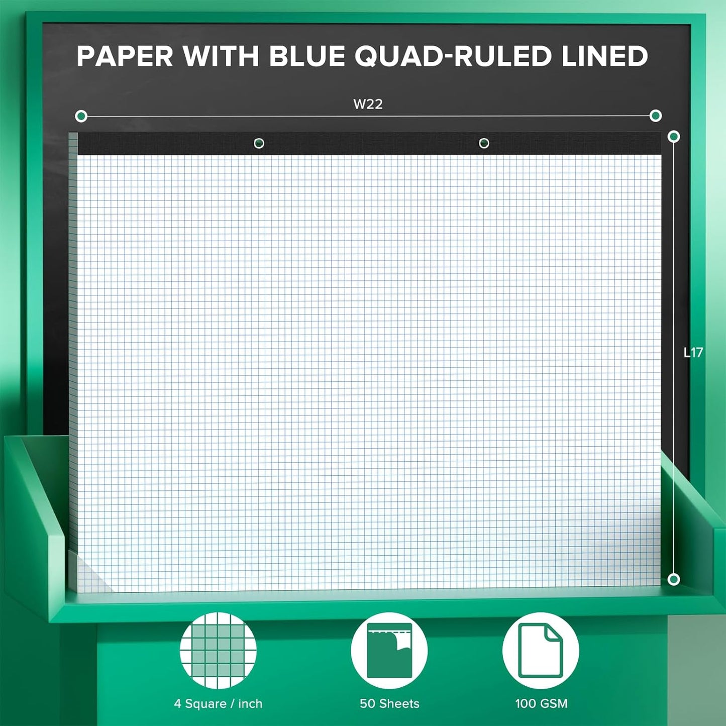 Large Engineering Graph Paper 22x17, 50 Sheets Extra Large Graph Paper 17 x 22 1/4 Grid Pad, 100 GSM Blueprint Drafting Paper 4x4 Grid Paper 22x17 with Sturdy Back for Engineer Math Sketching Drafts
