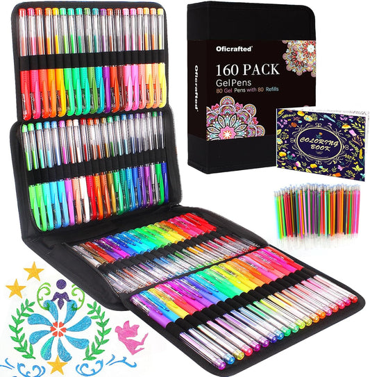 Oficrafted 160 Pack Gel Pens for Adult Coloring Book, 80 Colors Gel Pens Colored with 80 Rifills, Glitter Gel Pens for Artists Drawing & Painting