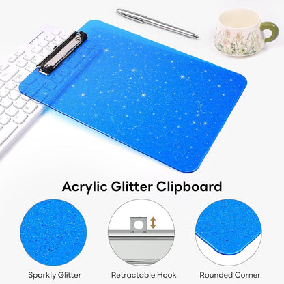 A4 Plastic Glitter Clipboard, Sparkly Pink 12.5 x 9 Letter Size for Classroom, Students, Teacher, Nurse, 8.5 x 11 Clip Board with Low Profile Clip, Office & School Supplies