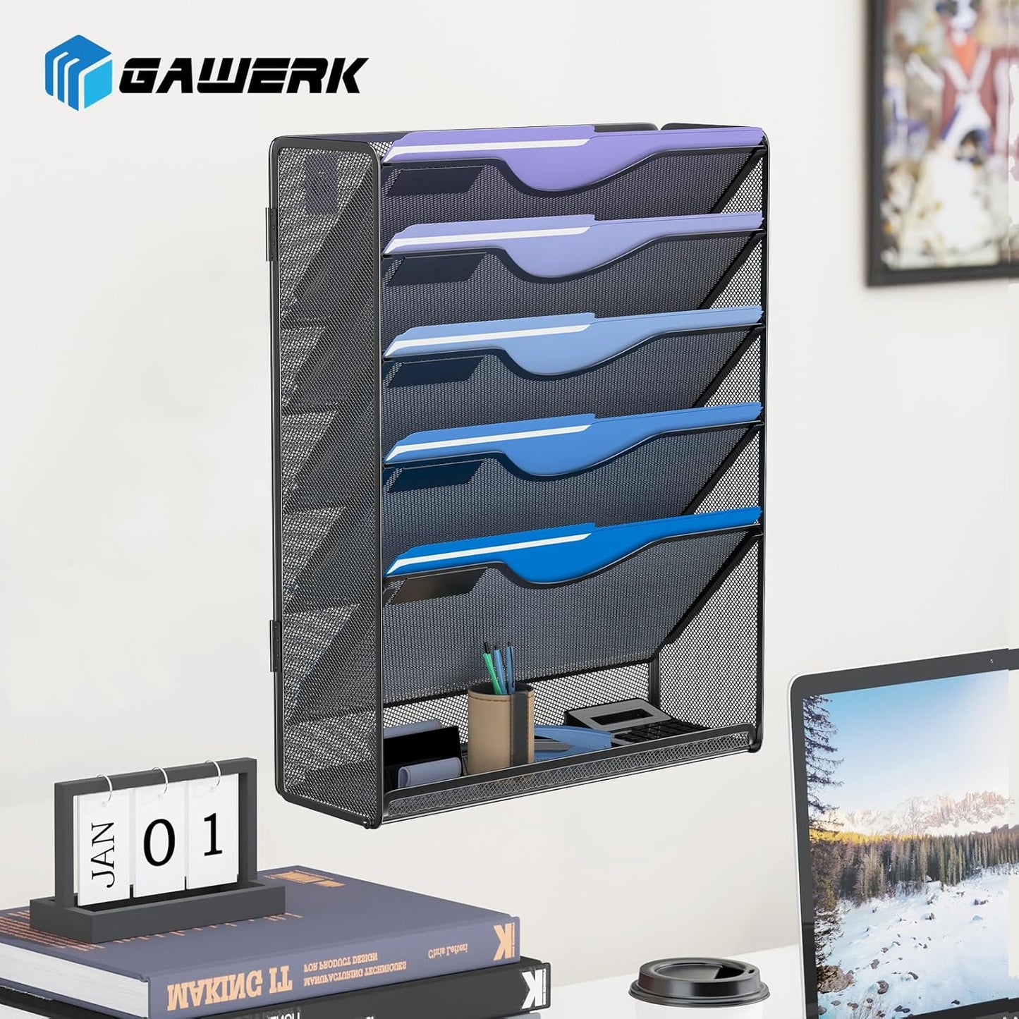 Gawerk 10-Tier Wall File Organizer Hanging Wall File Holder Wall Mount Paper Folder Organize, Mesh Magazine Document Mail Organizer Wall Organizer for Office School Home, Black