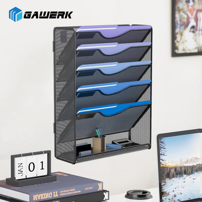 Gawerk 10-Tier Wall File Organizer Hanging Wall File Holder Wall Mount Paper Folder Organize, Mesh Magazine Document Mail Organizer Wall Organizer for Office School Home, Black