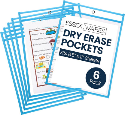 Essex Wares - 6 Pack, Assorted, Dry Erase Pocket Document Protectors, 10" Wide x 13.5" Tall- Dry Erase Clear Plastic Sleeves - Reusable & Easy Erase Plastic Invoice Holders, Water-Resistant & Durable