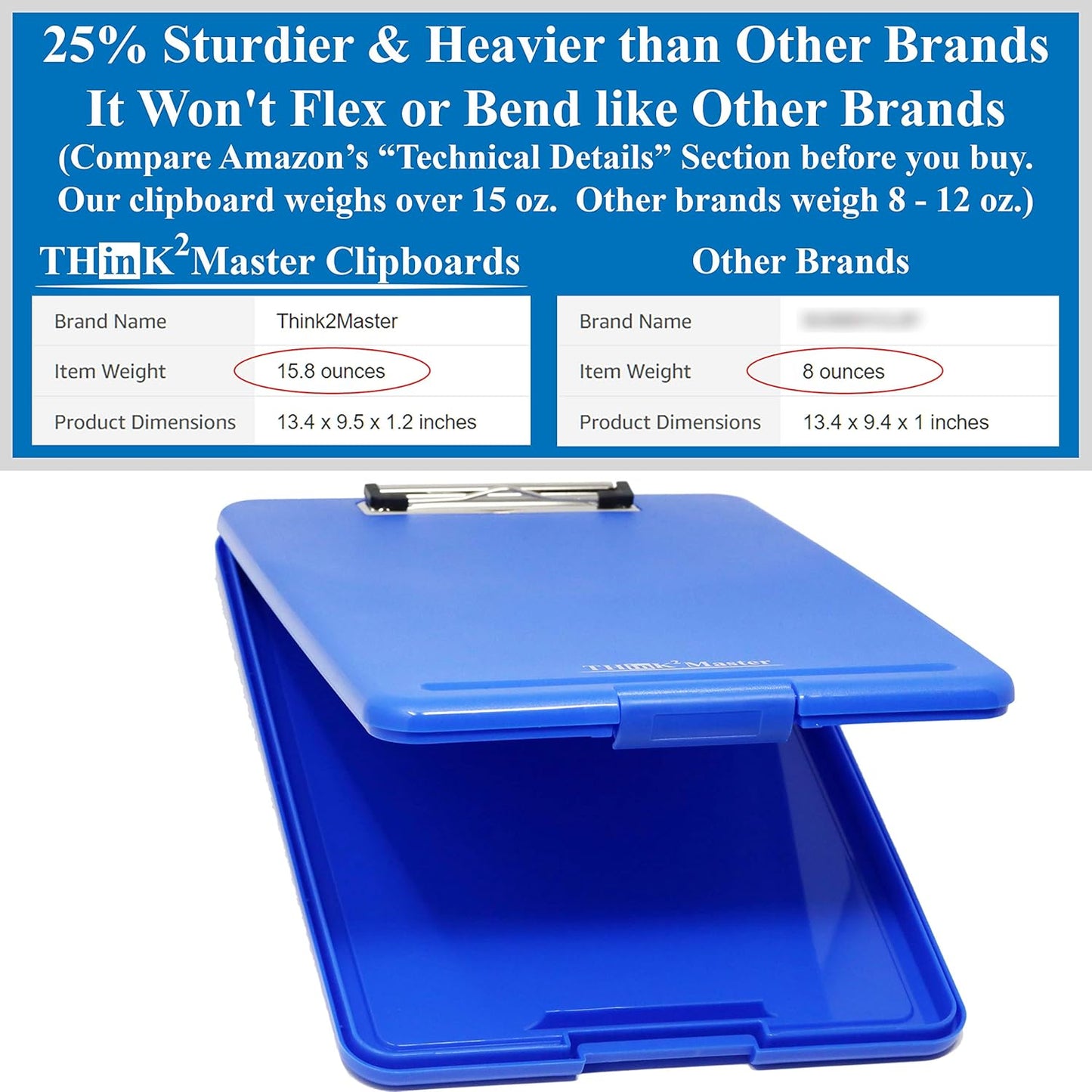 Think2Master Black Plastic Storage Clipboard. | 25% Heavier & 25% Sturdier| Heavy Duty and Won’t Flex or Bend Like Other Brands (Compare The Weight). Storage Compartment Holds 150 Letter Sized Paper.