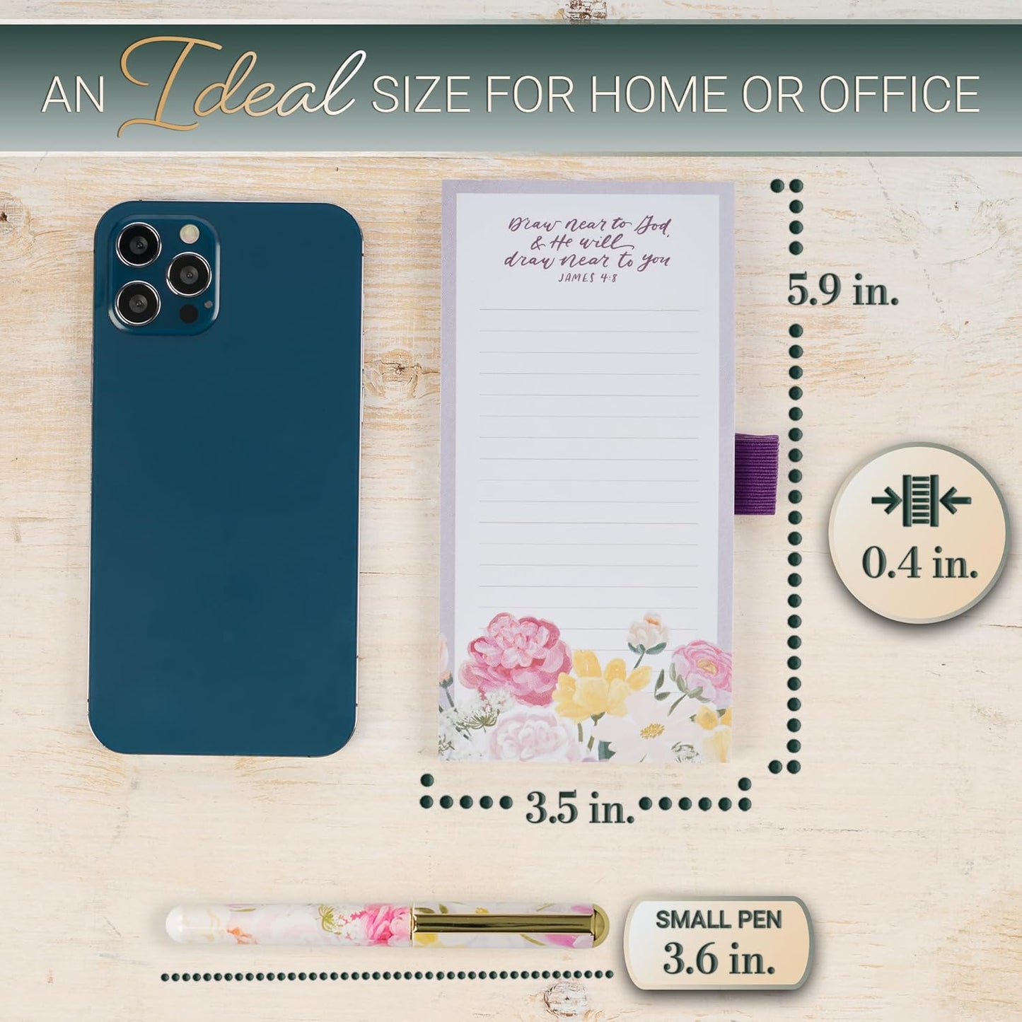 Christian Art Gifts Compact Magnetic Notepad & Medium Ballpoint Pen Set: Trust in the Lord Inspirational Scripture, Shopping Lists, Memos, Reminders, 70 Lined Easy Tear-off Sheets, Purple/Teal Floral