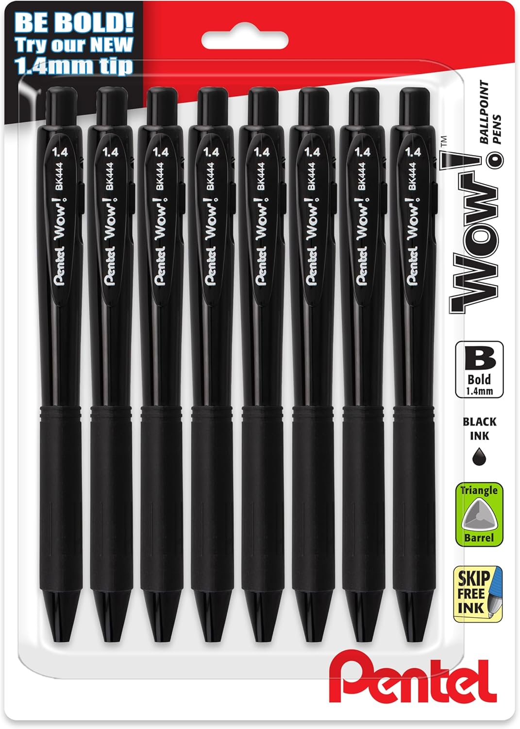 Pentel Wow! Retractable Ballpoint Pen, (1.4mm), Bold Line, Black Ink, Pack of 8 (BK444BP8A)
