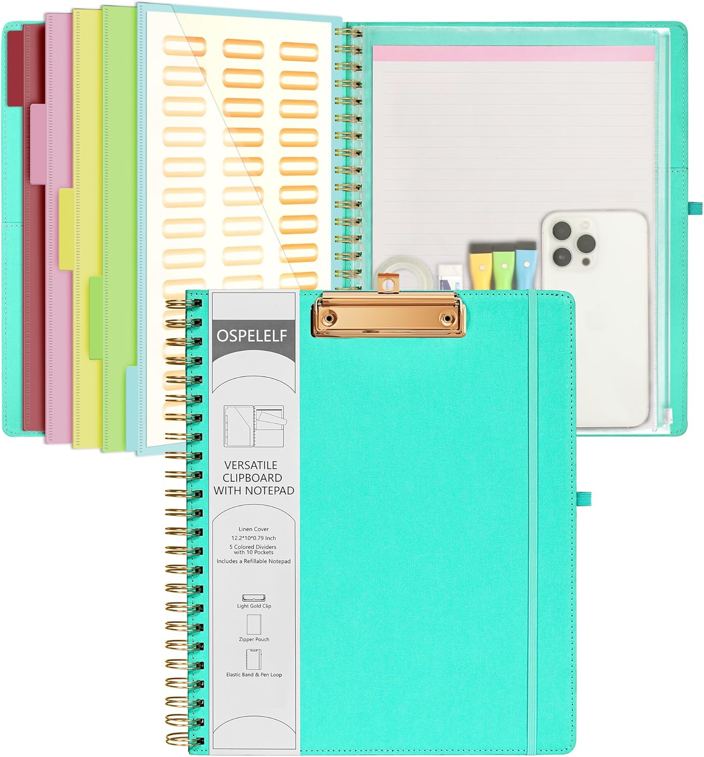 Ospelelf Foldable Spiral Clipboard Folio with Storage Zipper Pouch, 5 Plastic Folders with 10 Pockets,Refillable Lined Notepad (11" x 8.5"), Hardcover Project Organizer with 39 Stickers (Purple)