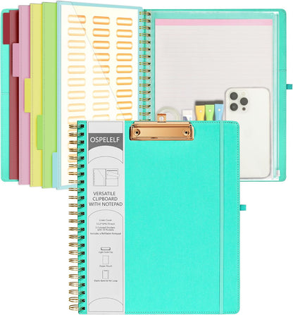 Ospelelf Foldable Spiral Clipboard Folio with Storage Zipper Pouch, 5 Plastic Folders with 10 Pockets,Refillable Lined Notepad (11" x 8.5"), Hardcover Project Organizer with 39 Stickers (Purple)