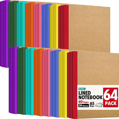 YesBes 32 Pack Composition Notebooks Bulk, A5 Kraft Cover Lined Journaling Notebooks, 8.3”x 5.5” Travel Notebook for School Office Students Artists, 8 Colors 60 Pages