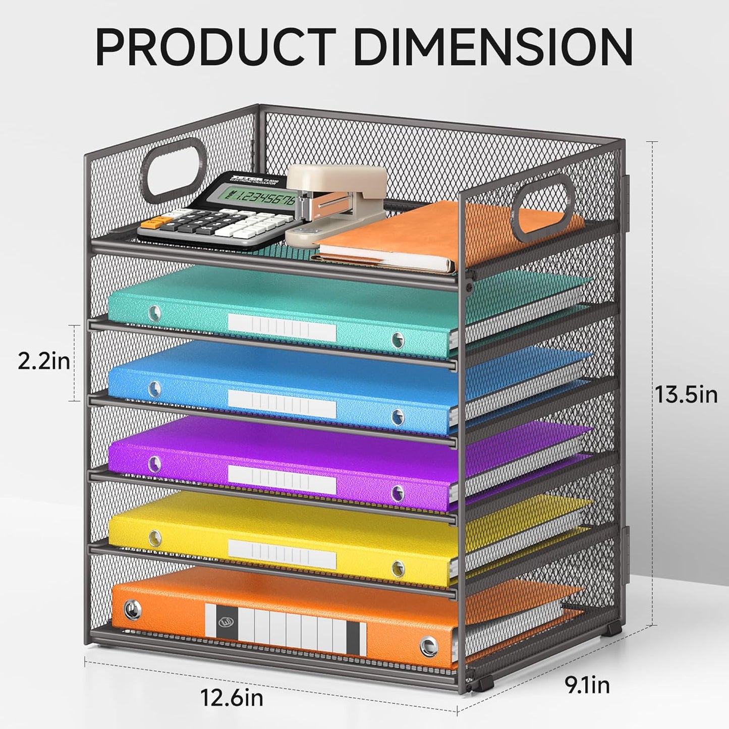 Lavatino 5 Tray Desk File Organizer, Black Mesh Paper Sorter Letter Tray Organizer with Handle, Desktop File Organizer and Storage for Letter/A4 Office File Folder