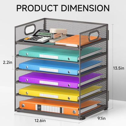 Lavatino 5 Tray Desk File Organizer, Black Mesh Paper Sorter Letter Tray Organizer with Handle, Desktop File Organizer and Storage for Letter/A4 Office File Folder