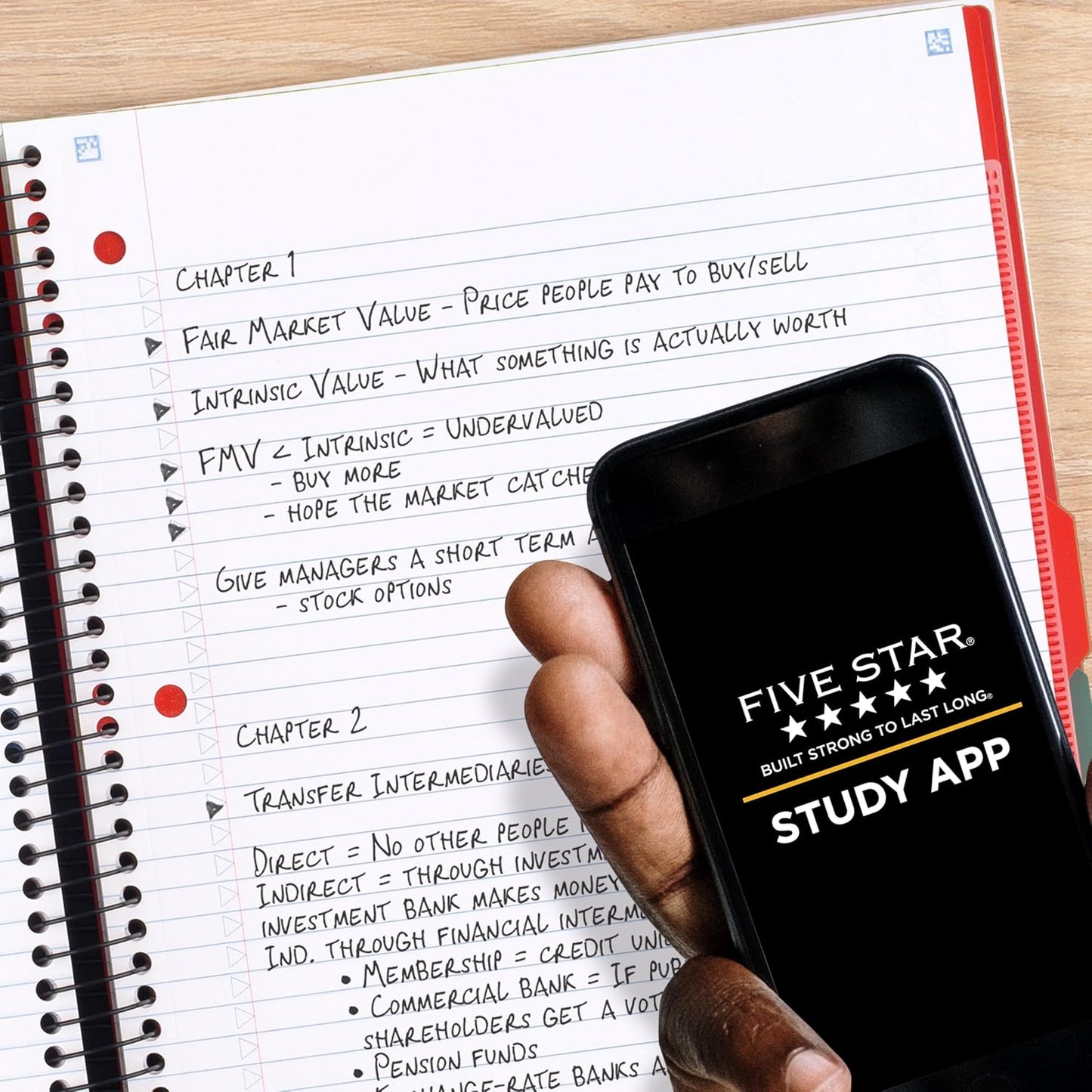 Five Star Advance Spiral Notebook + Study App, 5 Subject, College Ruled Paper, 8-1/2" x 11", 200 Sheets, Spiral Guard, Movable Tabbed Dividers, Black (73144)