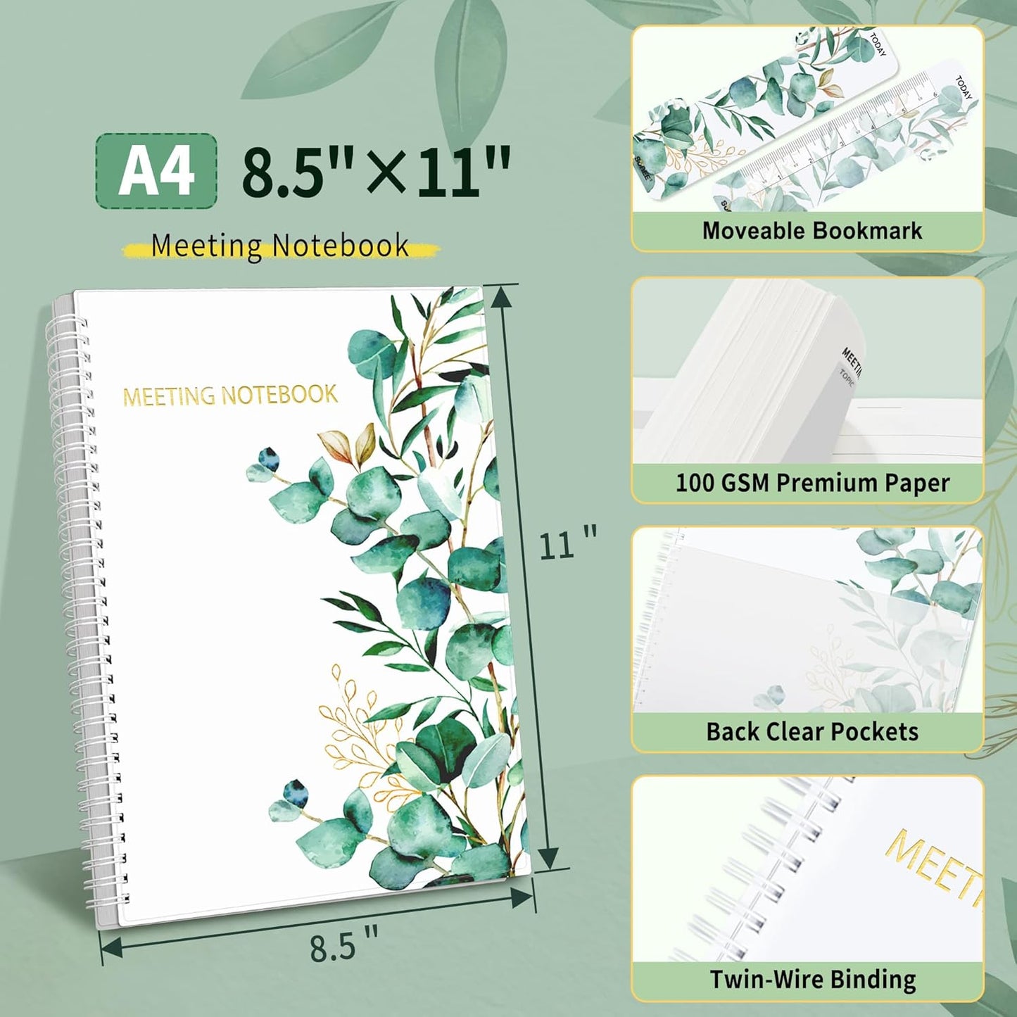 SUNEE Half Meeting Half Note - 7.5"x10" Professional Notebooks for Work - 160 Pages, B5 Size Project Planner, Spiral Meeting Agenda/Minutes Organizer for Women Men, Note Taking, Office & Business
