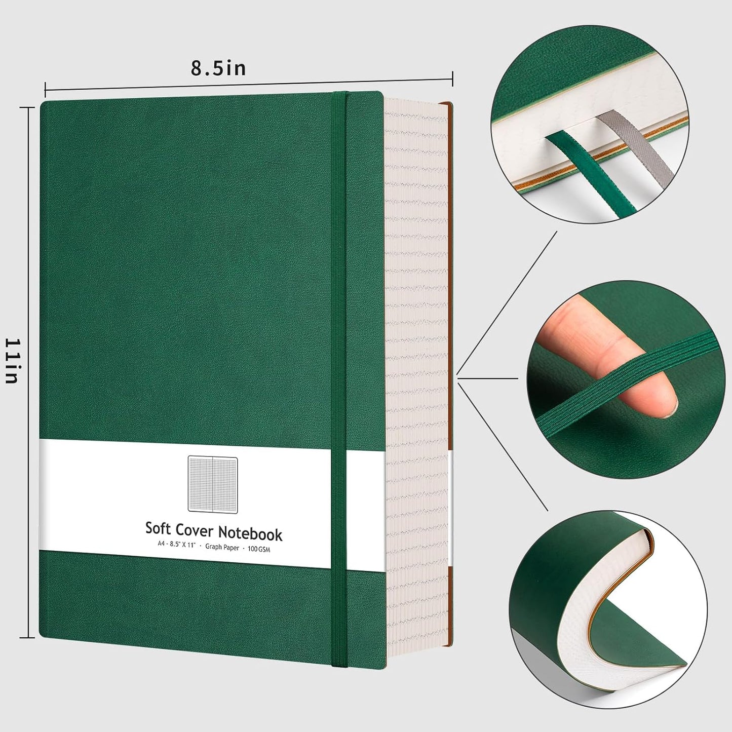 AHGXG Graph Paper Notebook - Grid Paper Notebook Large A4 8.5''×11'', 320 Pages Thick Journal, 100gsm Thick Graph Paper, Leather Softcover, Inner Pocket - Black