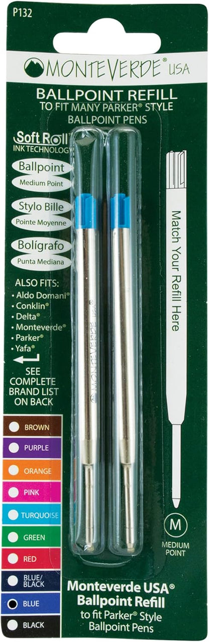 Monteverde Soft Roll Ballpoint Pen Refills to Fit Parker-Style Pens, Medium Point, Brown, 2-Pack, Smooth Writing Technology for Parker, Conklin, Schmidt, and More
