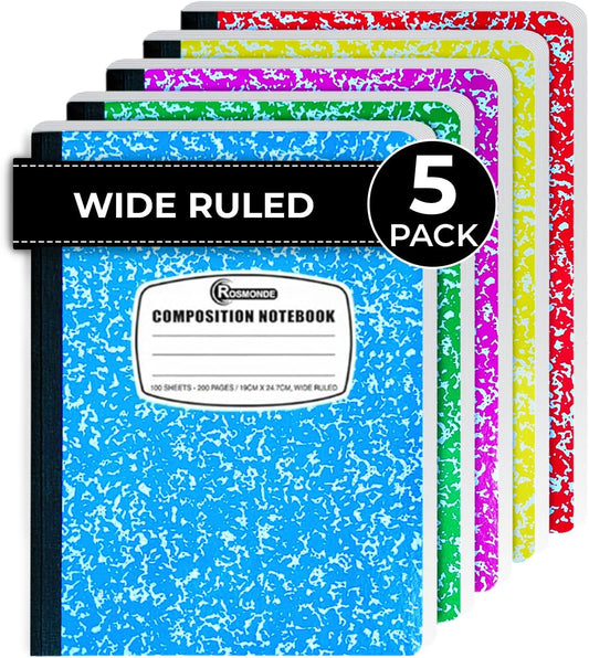 Rosmonde 50 Pack Bulk Composition Notebooks, Wide Ruled, 200 Pages (100 Sheets), 9-3/4 x 7-1/2, Hard Cover, Bulk School Supplies, Assorted Colors Marble Composition Journal, Bulk Notebooks for School