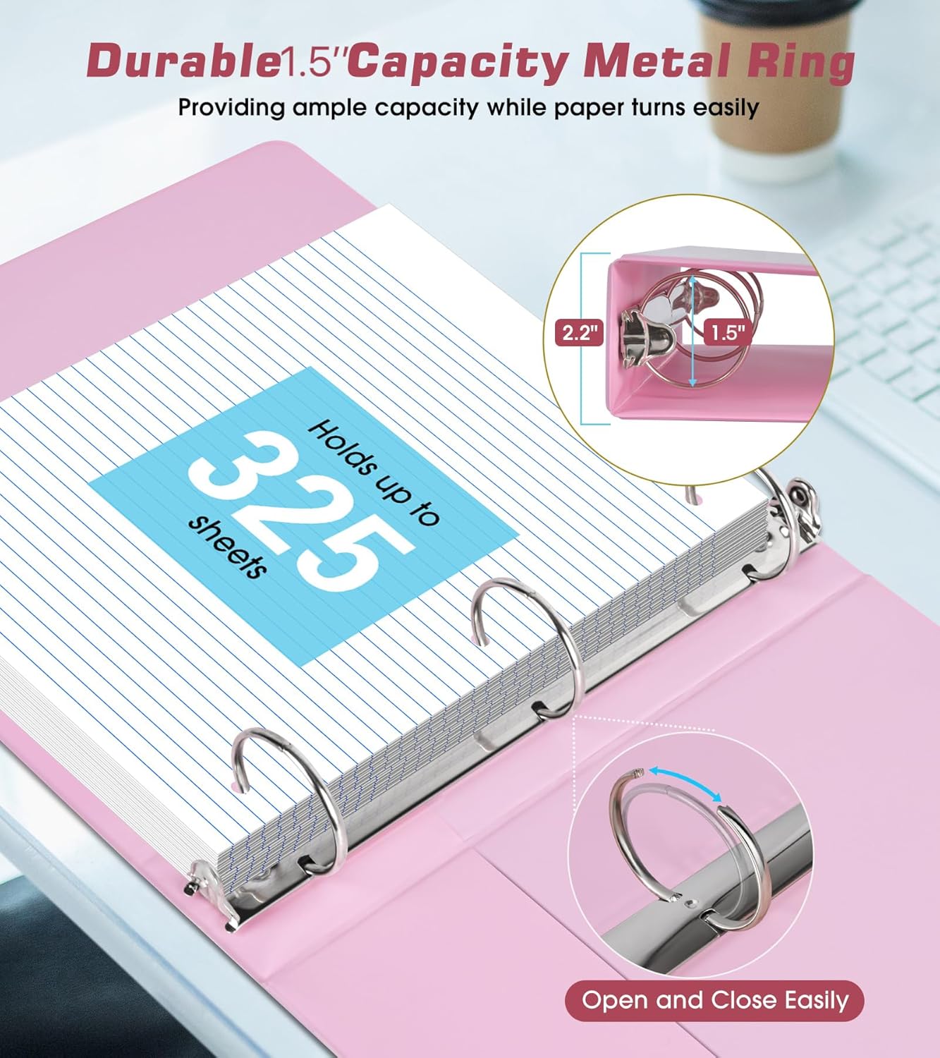 3 Ring Binder 1.5 inch，Cute Binder Organizer with 5 Tab Dividers Fits 175 Sheets of 8.5x11 Paper,Customizable Clear Cover with Inside Pockets,Aesthetic 1.5" Three Ring Binders for School Office,Purple