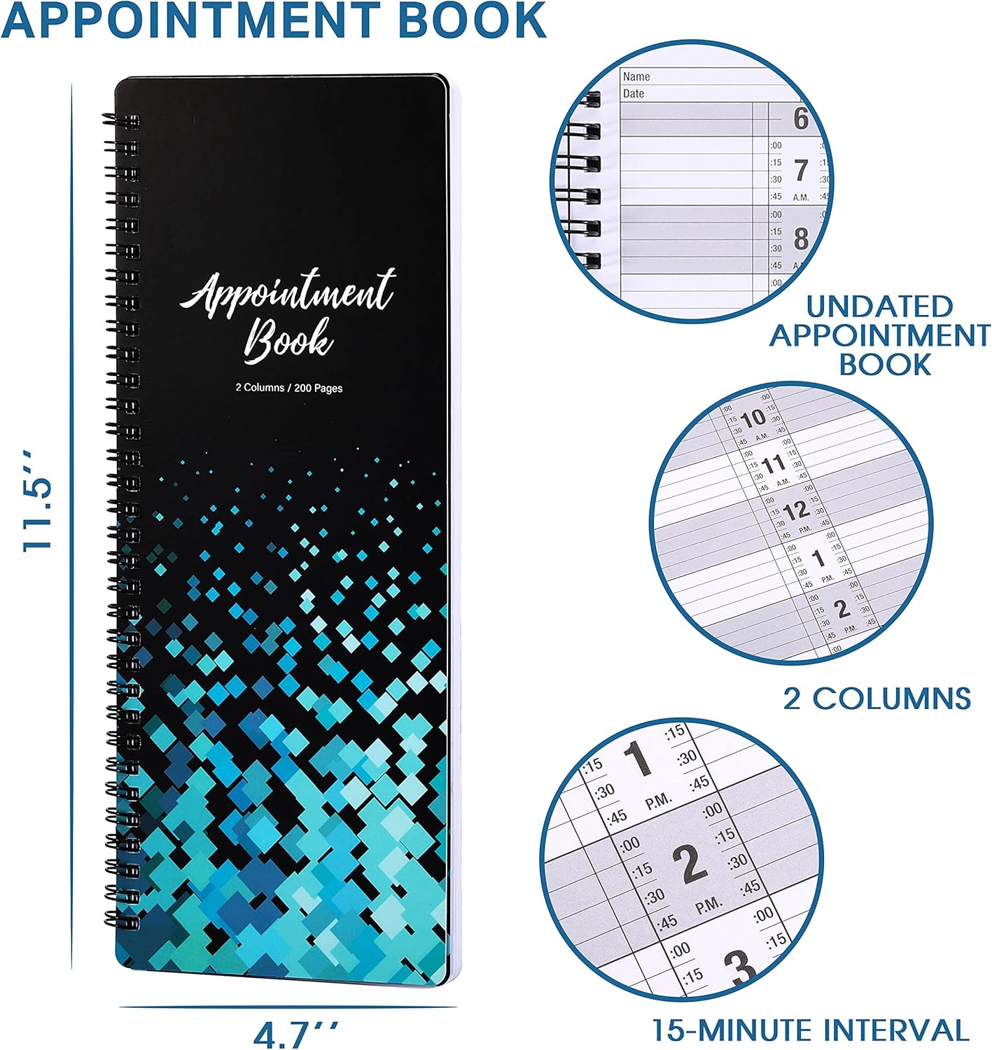 Poluma Appointment Book - Salon Appointment Book, 11.5" x 4.7", 2 Columns, Undated, 6 AM - 9 PM, Twin-Wire Binding, 200 Pages, Appointment Planner for Hair Stylist - Black