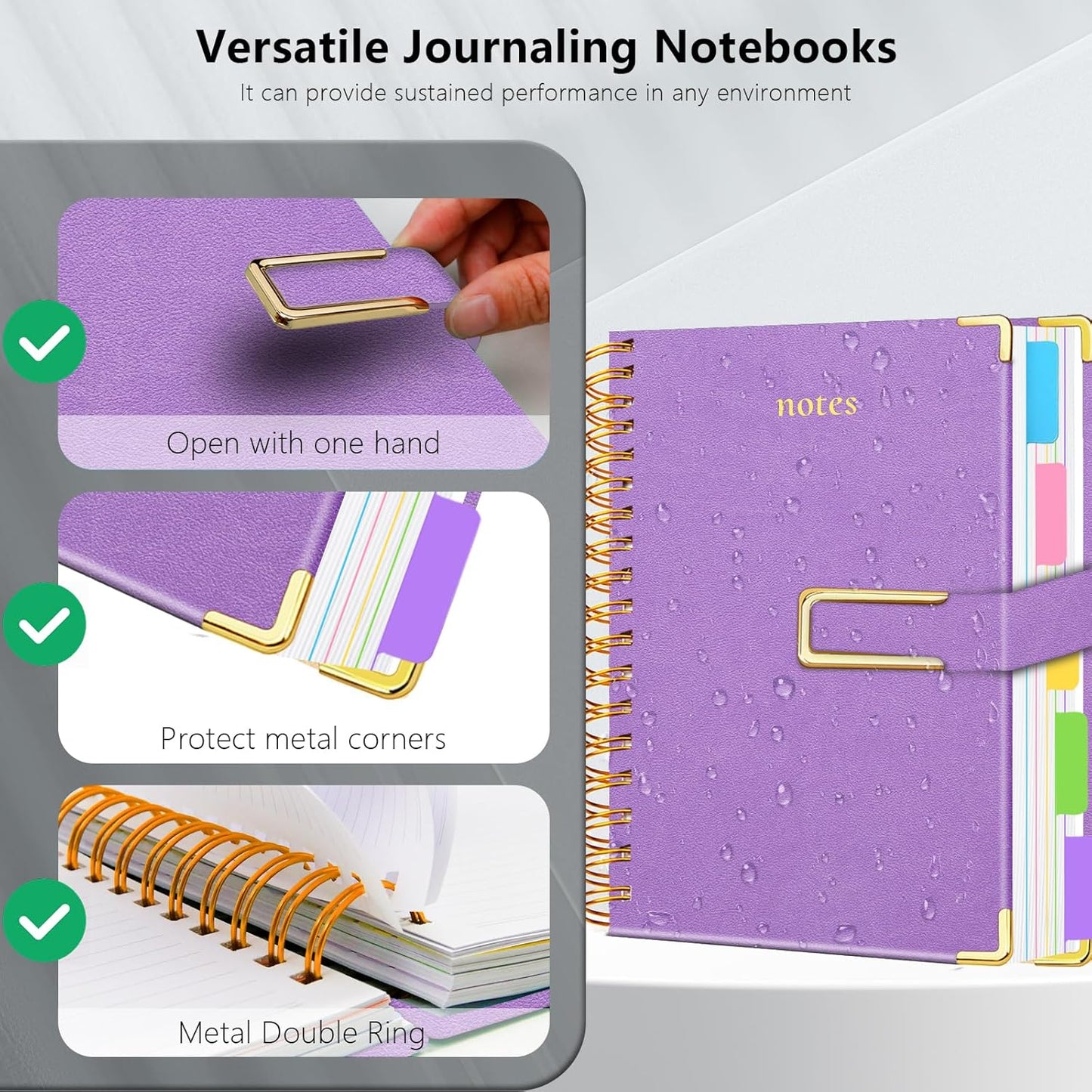 Hardcover Spiral Notebook College Ruled, 8"x10" Leather Journal Notebook with Magnetic Closure, 300 Pages 5 Subject Notebook with Dividers Tabs Journal for Women Men, Work, School(Rose Red)
