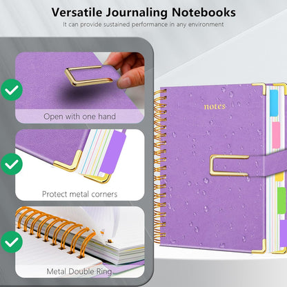 Hardcover Spiral Notebook College Ruled, 8"x10" Leather Journal Notebook with Magnetic Closure, 300 Pages 5 Subject Notebook with Dividers Tabs Journal for Women Men, Work, School(Rose Red)