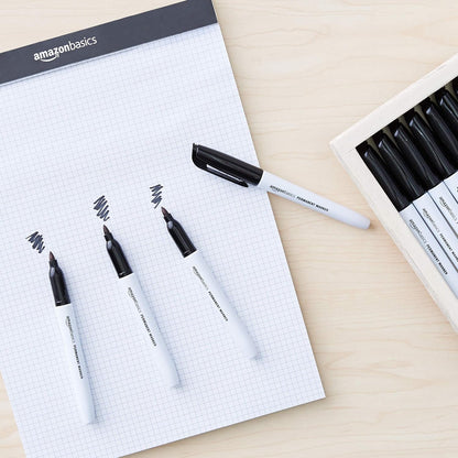 Amazon Basics Fine Tip Permanent Markers for Writing, Drawing, Quick Drying, Office, School, and Home Use, Black, 24 Pack