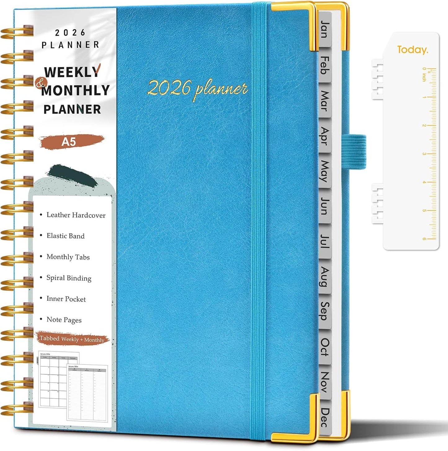 2026 Planner, Weekly and Monthly Calendar Planner from January 2026 - December 2026, 8.5" x 11" Hardcover Leather Hourly Appointment Book with Tabs, Spiral Daily Planners for School Work Home, Green