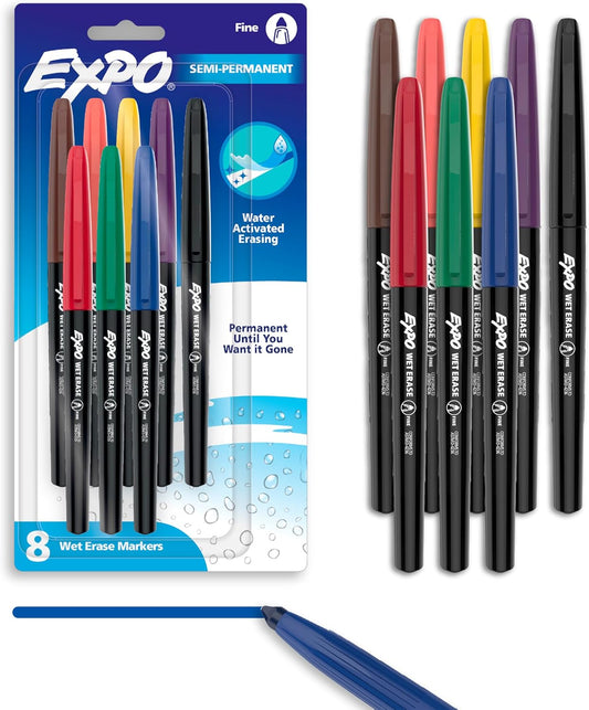 EXPO Wet Erase Markers, Semi-Permanent, Assorted Colors, Ultra Fine Tip, 12 Count - For Writing on Glass, Whiteboards, Mirrors, Calendar, Labeling, Organizing