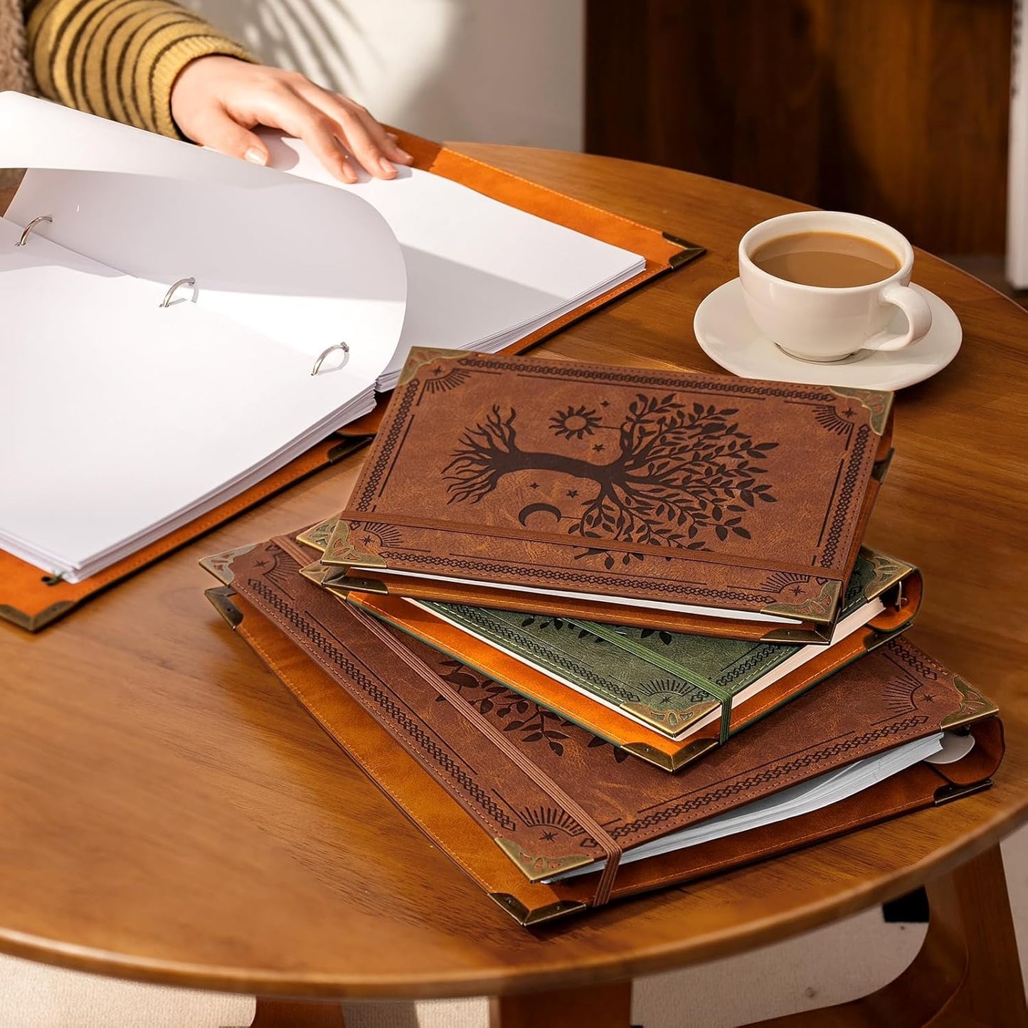Ovesmusl Leather 3 Ring Binder Fits 8.5"x11" Letter Size Paper, 1 Inch Round Ring Binder Holds 200 Sheets, Notebook Cover Loose Leaf Organizer, Green Tree