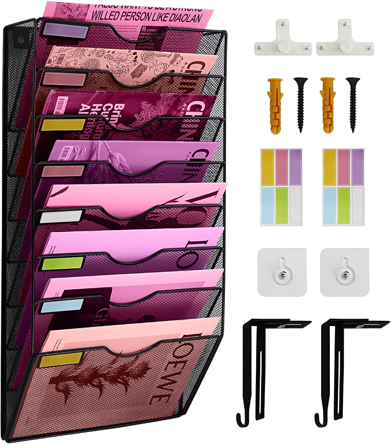 1 Pocket Mesh Wall File Holder Organizer Office Hanging File Folder Magazine Rack, Nametag Label Hooks Set Included (Black)