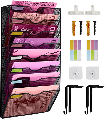 1 Pocket Mesh Wall File Holder Organizer Office Hanging File Folder Magazine Rack, Nametag Label Hooks Set Included (Black)