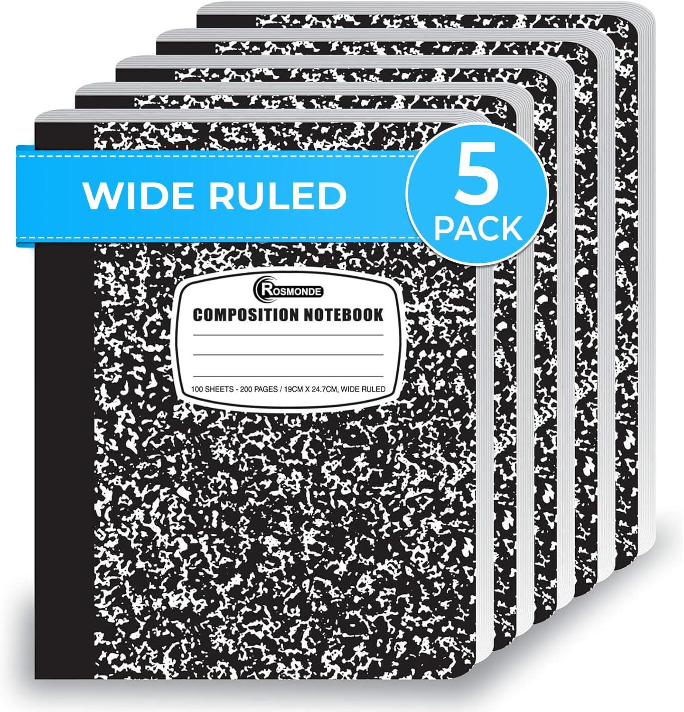 Rosmonde 12 Pack Composition Notebook Wide Ruled Bulk, 200 Pages (100 Sheets), 9-3/4 x 7-1/2", Hard Cover Wide Ruled Notebook Bulk, Black Marble Composition Notebooks, Bulk School Notebooks