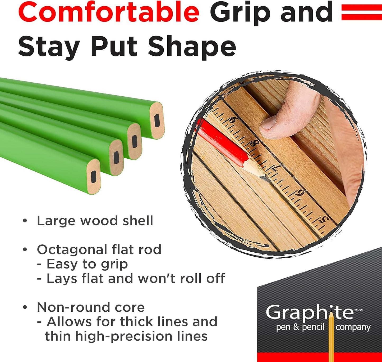 GRAPHITE Hard Lead Carpenter Pencils Bulk - (1) Pack of 12 Pieces Lumber Wooden Pencil #2 (HB) - Red
