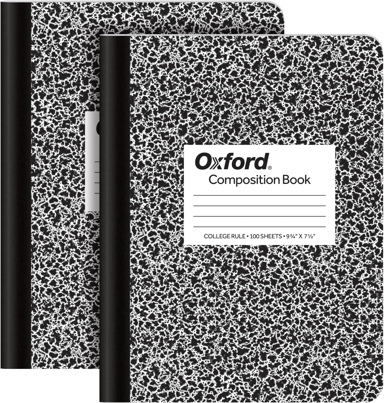 Oxford Composition Notebooks, 9-3/4 x 7-1/2 Inch School Journals, College Ruled Paper, Black Marble Covers, 100 Sheets per Book, 2 Pack (1002515)