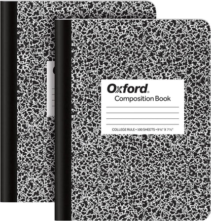 Oxford Composition Notebooks, 9-3/4 x 7-1/2 Inch School Journals, College Ruled Paper, Black Marble Covers, 100 Sheets per Book, 2 Pack (1002515)