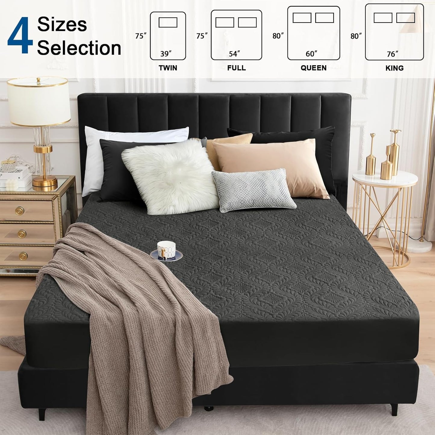 Sufdari Mattress Protector,Waterproof 18" Deep Pocket Mattress Cover Fitted Sheet Style with Elastic Rubber Band,Washable and Easy Care-Black,Queen