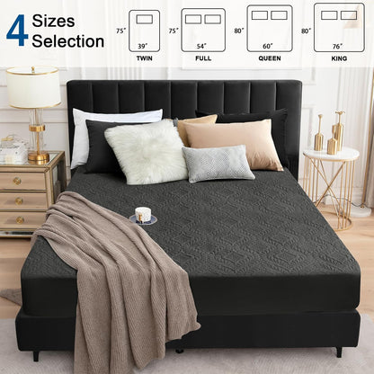 Sufdari Mattress Protector,Waterproof 18" Deep Pocket Mattress Cover Fitted Sheet Style with Elastic Rubber Band,Washable and Easy Care-Black,Queen