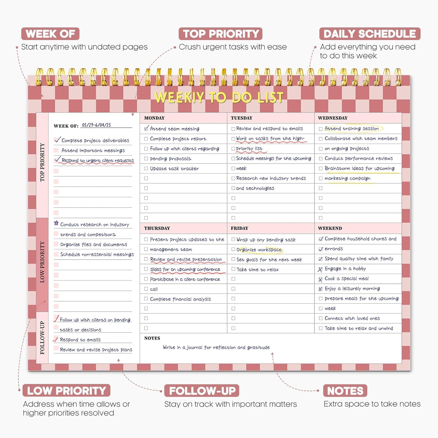 Taja Weekly To Do List Notepad with 52 Undated Sheets（8.5"×11"）- Weekly Desk Planner for Women & Man, Work and Home -1 Pack Violet Dream