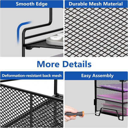 7 Tier Desk File Organizer Metal Mesh Paper Sorter Letter Tray Desktop Organizer for Home Study Office and Workspace, Black