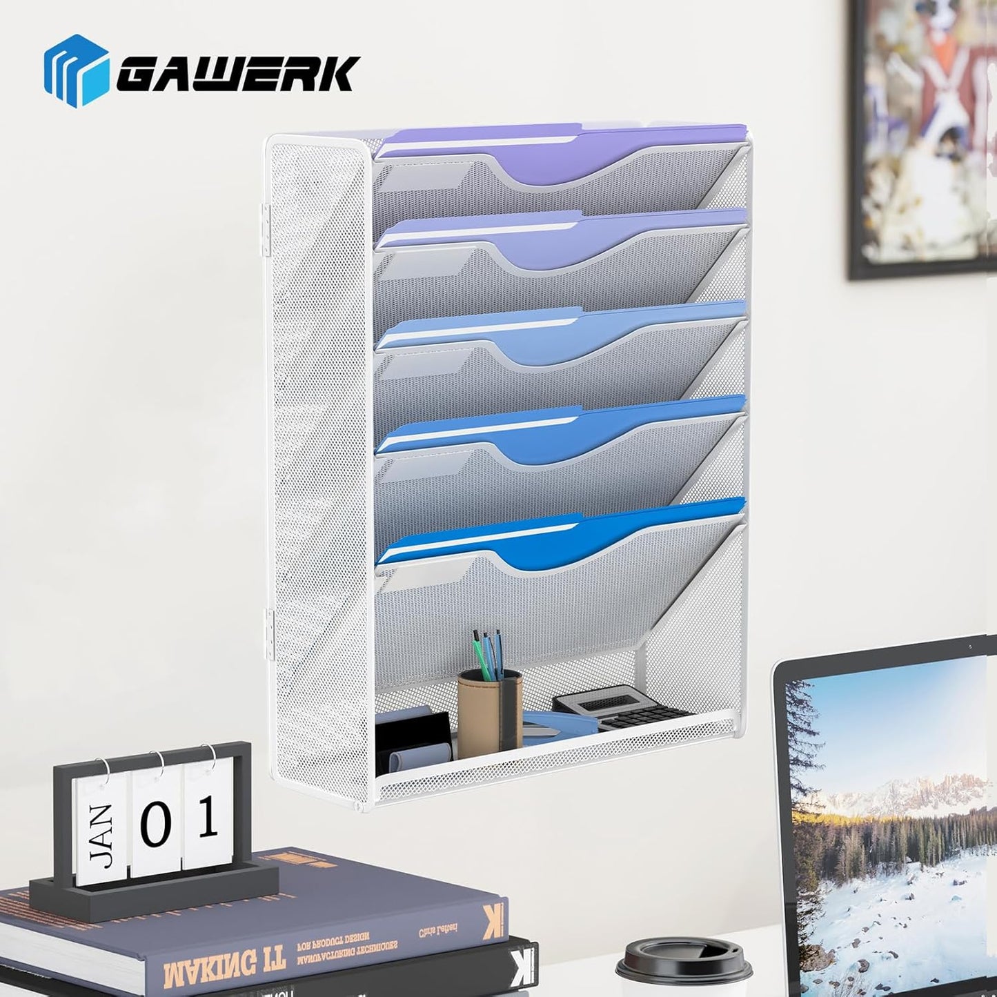 Gawerk 10-Tier Wall File Organizer Hanging Wall File Holder Wall Mount Paper Folder Organize, Mesh Magazine Document Mail Organizer Wall Organizer for Office School Home, Black