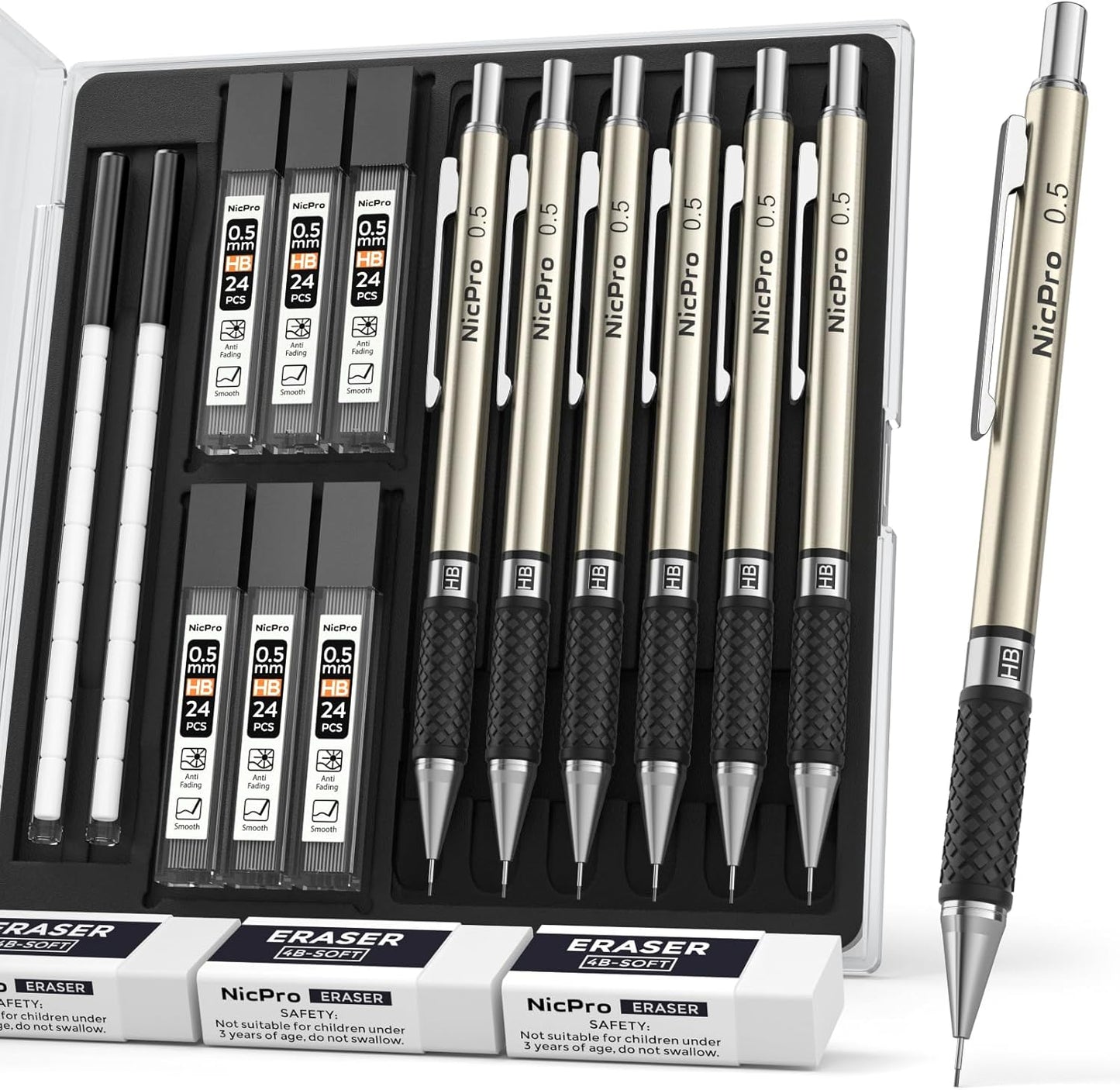 Nicpro 0.7 mm Art Mechanical Pencil Set in Storage Case, 3 PCS Metal Drafting Pencil Lead Pencil with 6 Tube HB Lead Refills, 3 Erasers, 9 PCS Eraser Refills for Artist Writing, Drawing, Sketching