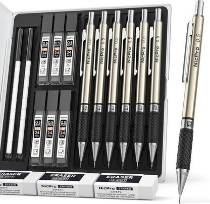 Nicpro 0.7 mm Art Mechanical Pencil Set in Storage Case, 3 PCS Metal Drafting Pencil Lead Pencil with 6 Tube HB Lead Refills, 3 Erasers, 9 PCS Eraser Refills for Artist Writing, Drawing, Sketching