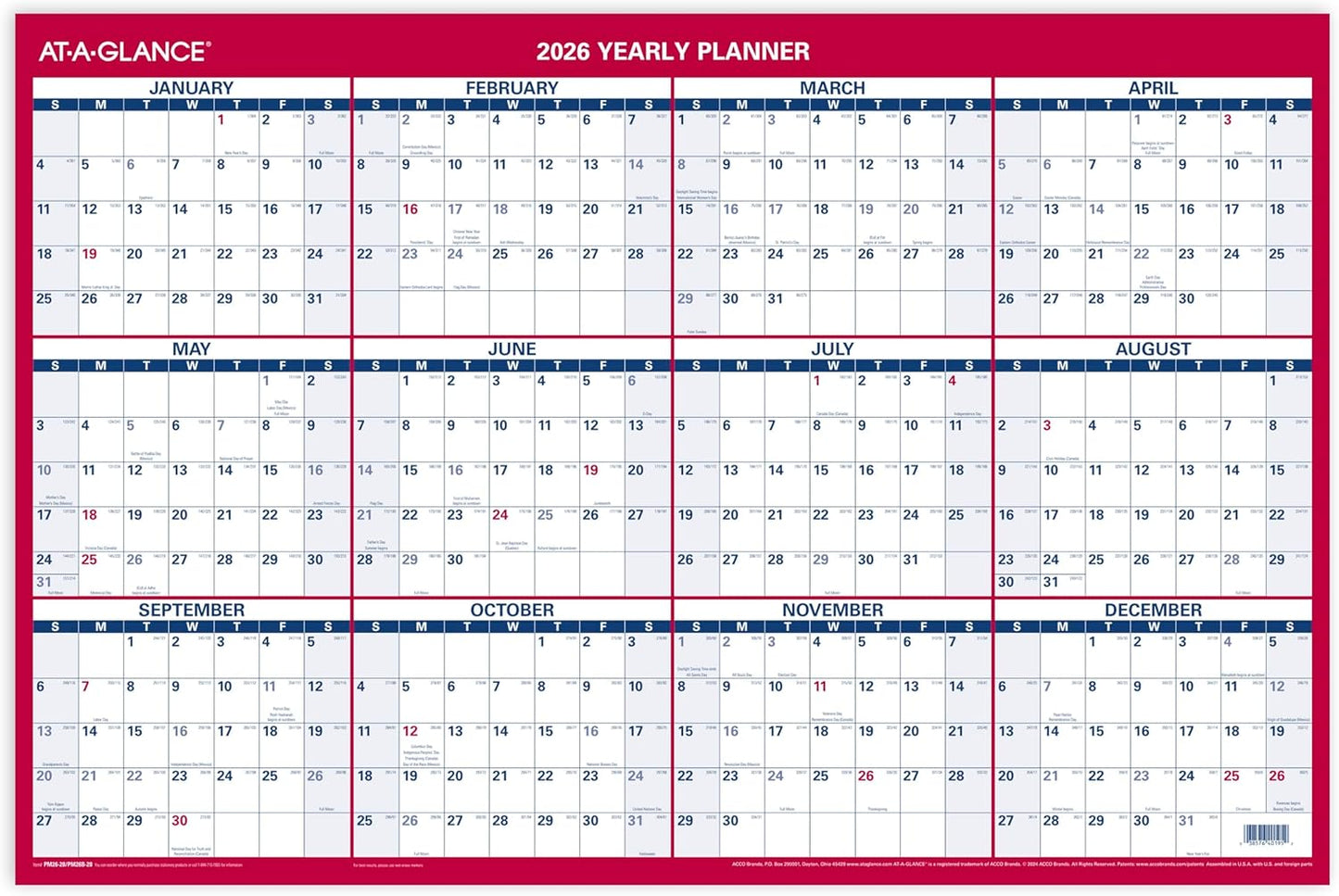AT-A-GLANCE 2026 Erasable Calendar, Dry Erase Wall Planner, 12" x 16", Small, Vertical-Horizontal, Reversible, Compact (PM330B2826)
