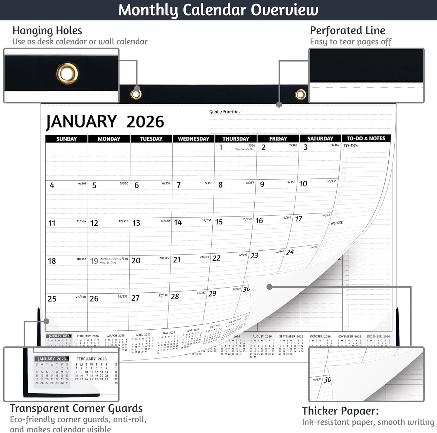 2026-2027 Desk Calendar – Run Now to MAR. 2027, 18 Monthly Desk Calendar 2026-2027 Large, 17'' x 12'', Best Desk/Wall Calendar 2026 with To-do Lists, Desk Pad, Ruled Blocks, Corner Protectors