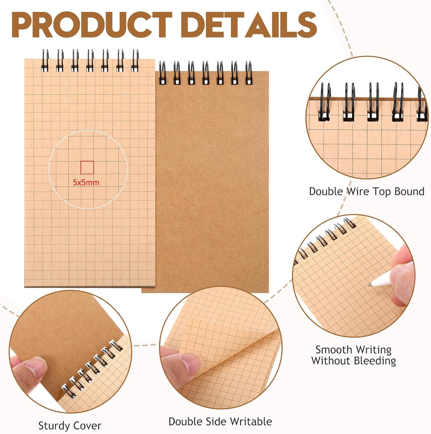 Jutom 2 Pcs Mini Pocket Notebooks Bulk 3x5 Graph Paper Top Spiral Notebook 120 Pages 80 Gsm Mini Grid Notepads Small Memo Pads for Home Classroom Office Business Work Supplies (Kraft)