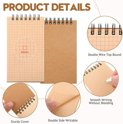 Jutom 2 Pcs Mini Pocket Notebooks Bulk 3x5 Graph Paper Top Spiral Notebook 120 Pages 80 Gsm Mini Grid Notepads Small Memo Pads for Home Classroom Office Business Work Supplies (Kraft)