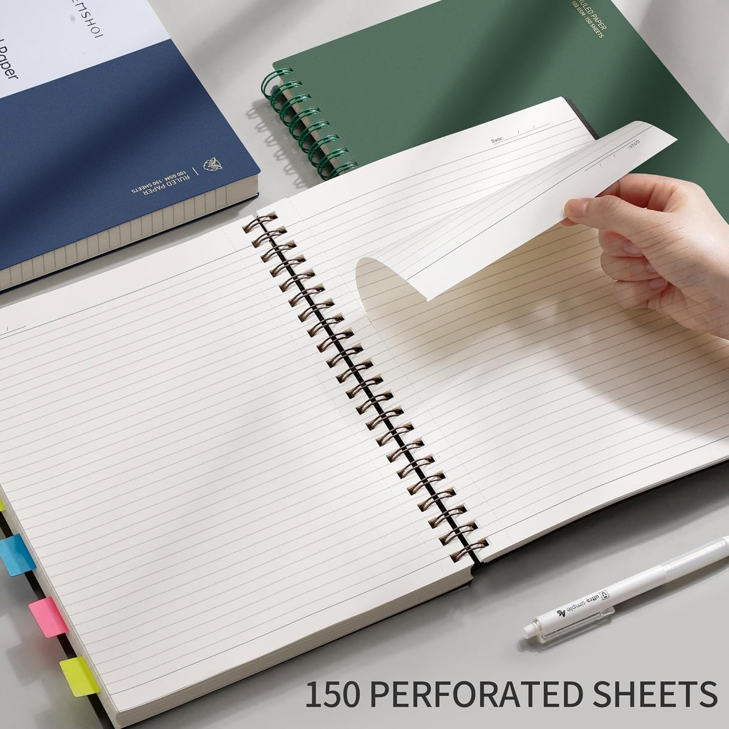 EMSHOI A5 Spiral Notebook College Ruled Lined Journal, Small 5.7" X 8.22", 300 Pages/150 Sheets, 100gsm Thick Paper, Waterproof Hardcover, for Office School Women Men Work Writing Notes, Blue